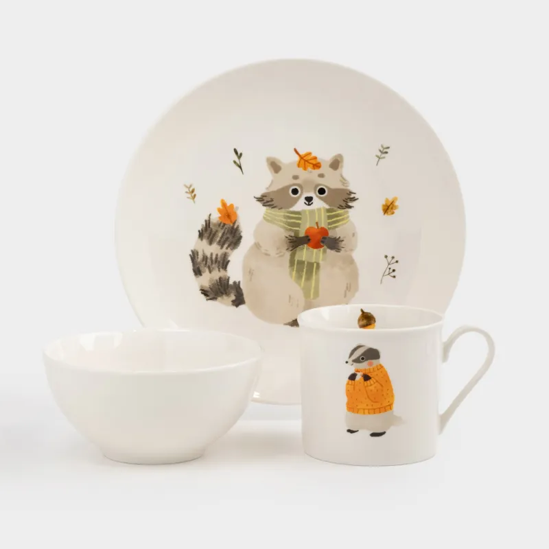 Набор посуды, детский, 1 перс, 3 пр, фарфор N, белый, Животные и листья, Forest animals