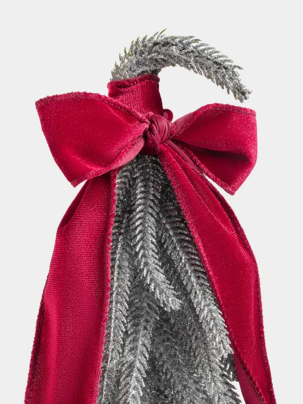 Жасанды шырша, 30 см, полиэтилен/ағаш, күміс, қою қызыл банты бар шырша, Conifer curved, image-2