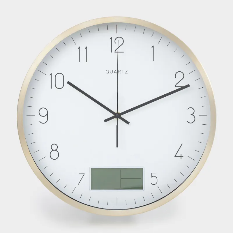 Қабырғалық сағат, 35 см, дисплейі бар, металл/шыны, дөңгелек, алтын-ақ, Dial