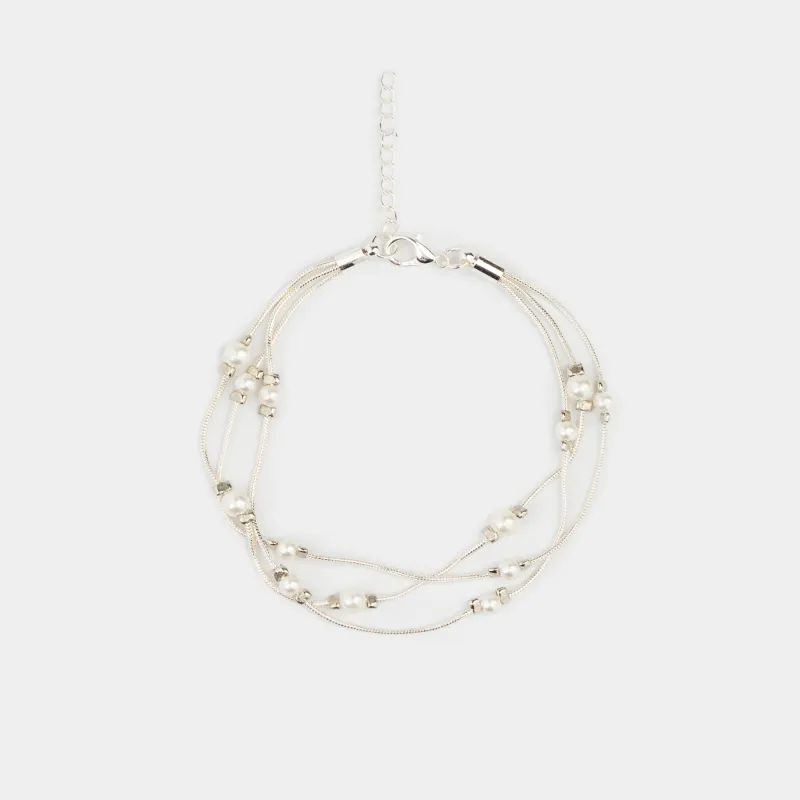 Білезік, 18 см, үштік, металл / пластик, күміс, моншақтар, Pearl