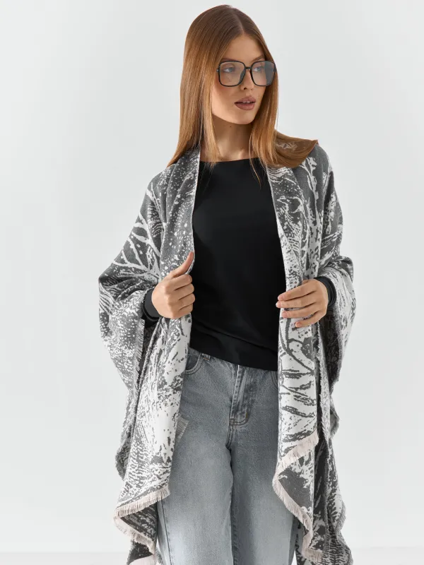 Пончо, 125х160 см, жиектері бар, екі жақты, полиэстер, сүт түстес сұр, Графикалық бақ, Poncho, image-1