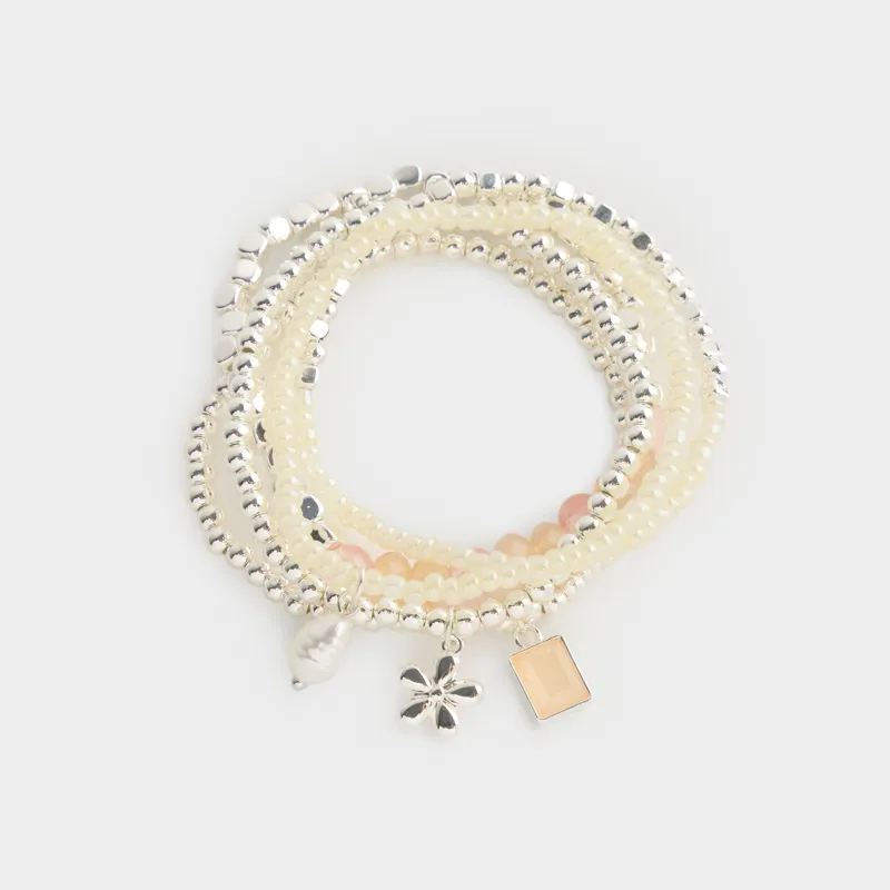 Білезіктер жинағы, 18 см, 5 дана, металл/пластик/шыны, сүт түстес, Гүл, Pearl color