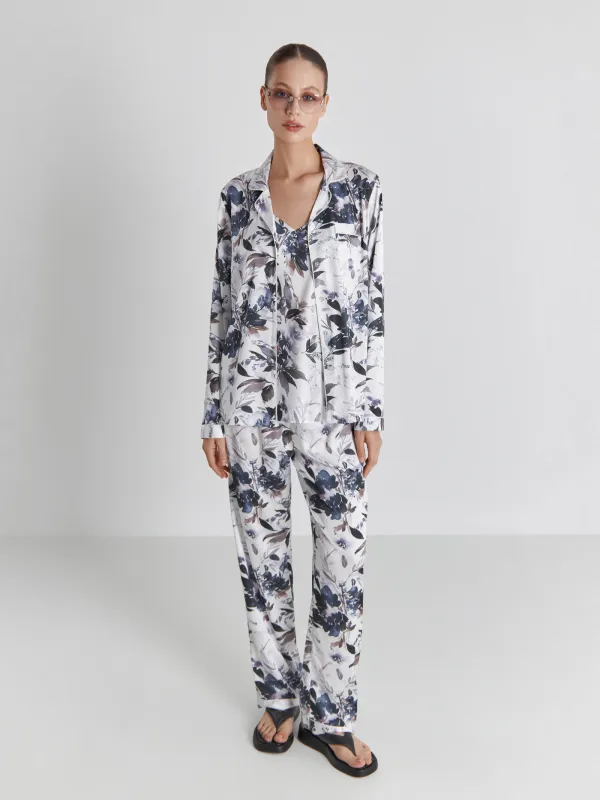 Рубашка женская, с длинным рукавом, полиэстер, молочная, Синие цветы, Rika, image-5