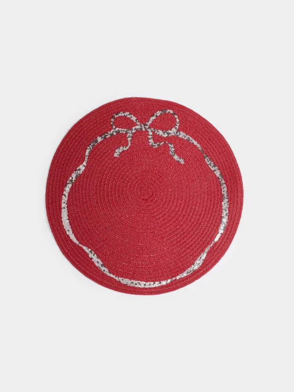 Салфетка под приборы, 38 см, с пайетками, полиэстер/пластик, круглая, красная, Бант, Rotary, image-0