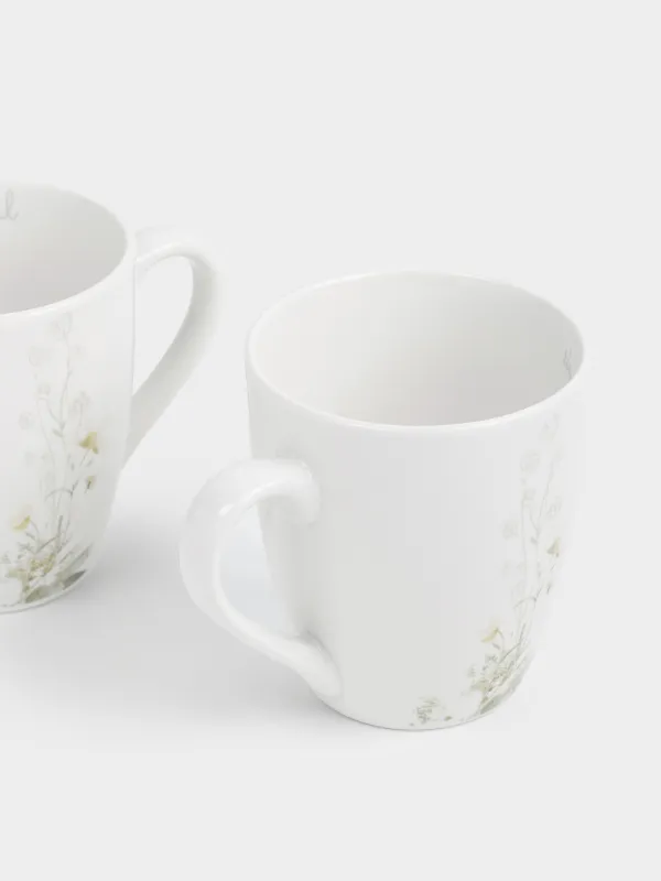 Кружка, 350 мл, 2 шт, фарфор P, белая, Цветы и листья, Rareness flower, image-3