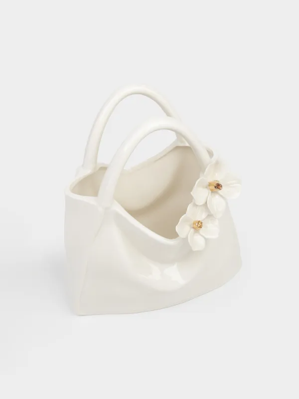 Гүл вазасы, 20х22 см, сәндік, тұтқасы бар, фарфор P, сүт түстес, Гүлдері бар сөмке, Bloom, image-3