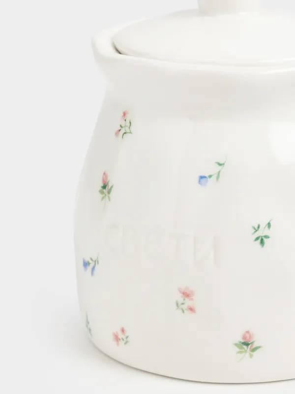 Сахарница, 12 см, 340 мл, с ложкой, керамика D/сталь, молочная, Нежные цветы, El flora, image-1