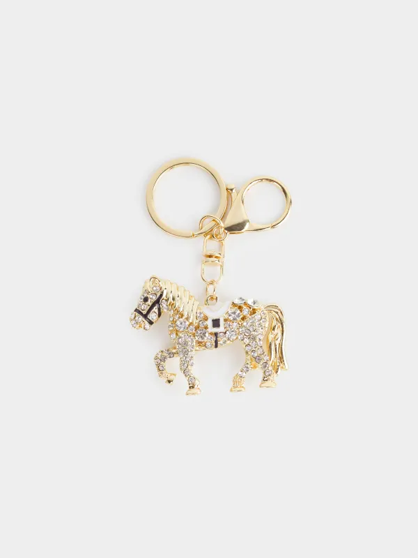 Салпыншақ, 12 см, металл / ринстондар / эмаль, Алтын, жылқы, Keychain crystal, image-0