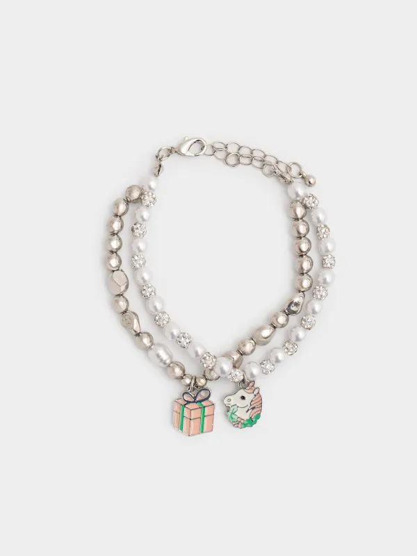 Набор браслетов, 16 см, 2 шт, детский, металл/пластик, серебристый, Бусины, Pearl, image-0