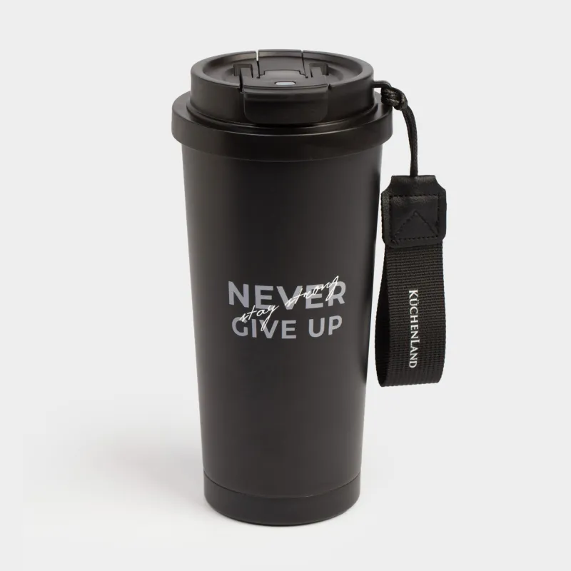 Термокружка, 500 мл, клапан/трубочка, с ремешком, сталь/пластик, черно-золотистая, Ballad