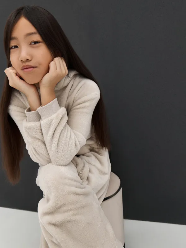 Комбинезон детский, домашний, с капюшоном, флис, бежевый, Кот, Annie, image-9