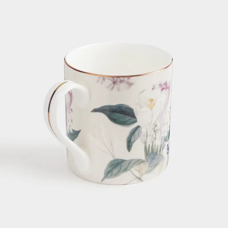Кружка, 380 мл, фарфор F, бежевая, с золотистым кантом, Цветы и бабочка, Bloome, image-1