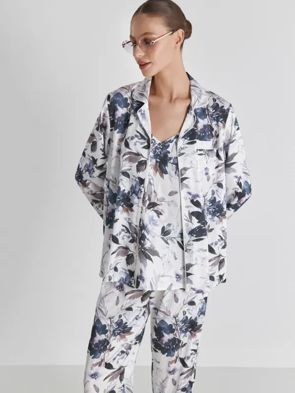 Рубашка женская, с длинным рукавом, полиэстер, молочная, Синие цветы, Rika, image-4