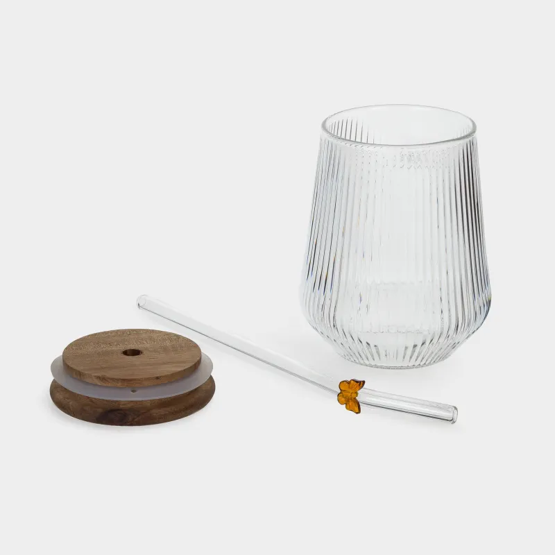 Сусындарға арналған құты, 440 мл, қақпағы мен сабаны бар, бамбук, кәріптас, Көбелек, Camellia, image-1