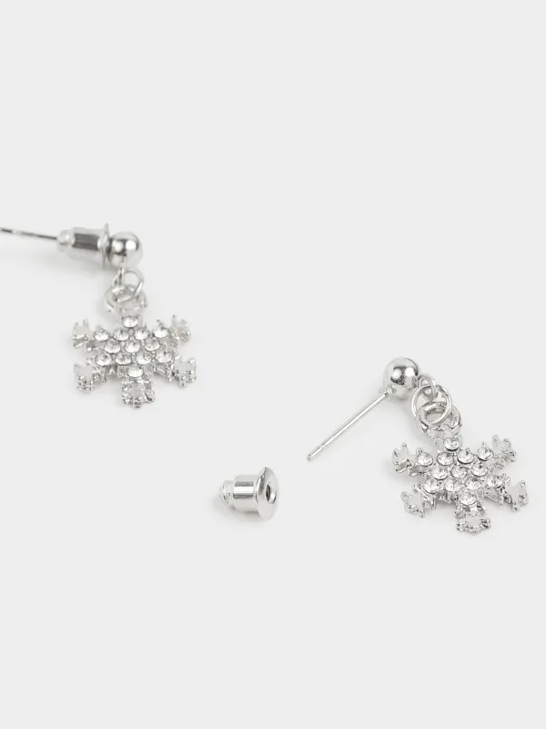 Серьги-пусеты, 2 см, 2 шт, металл/стразы, серебристые, Ажурная снежинка, Rime, image-3