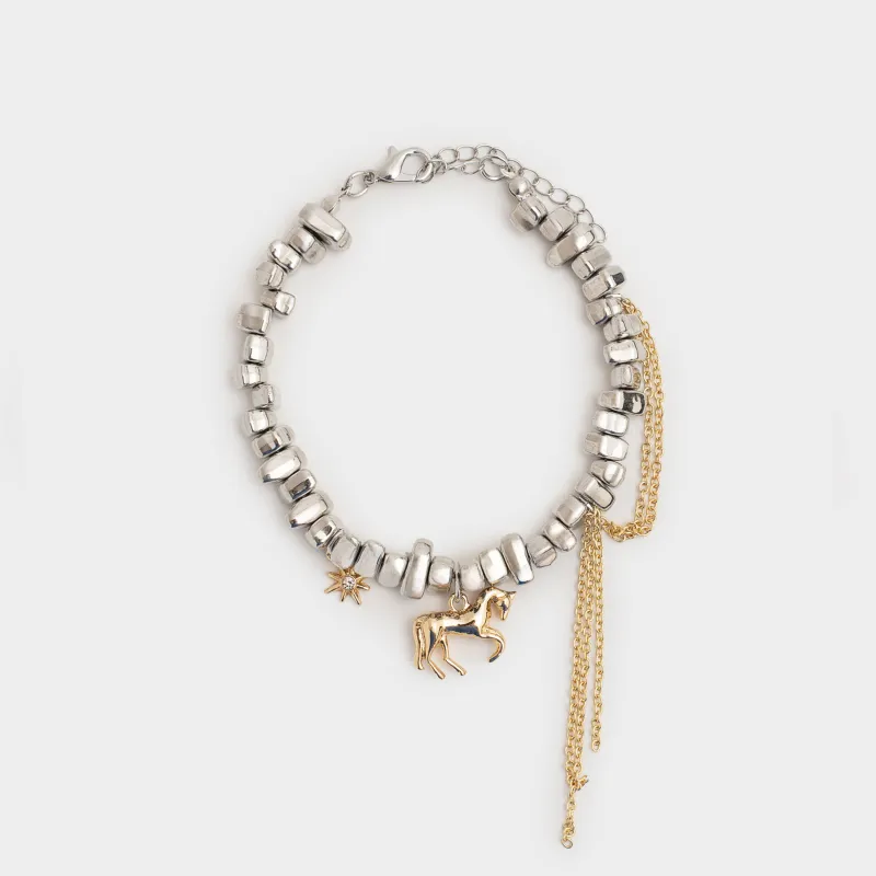 Білезік, 16 см, аспалары бар, металл, күміс-алтын, Жылқы, Jewelry horse