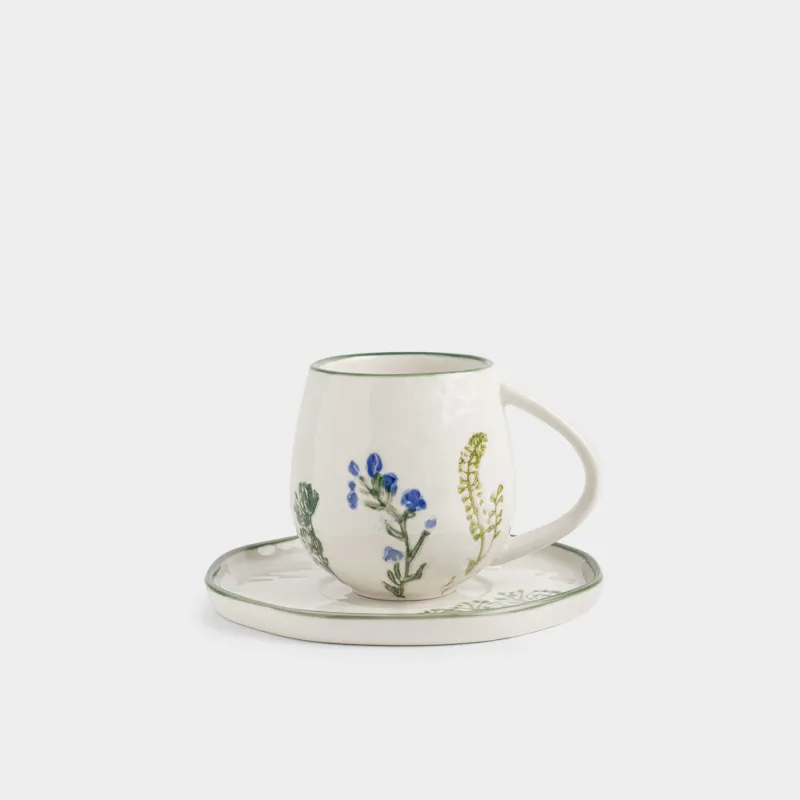 Шай жұбы, 1 адам, 2 зат, 230 мл, фарфор N, сүт түстес, Кракелюрдегі шалғынды гүлдер, Floral meadow