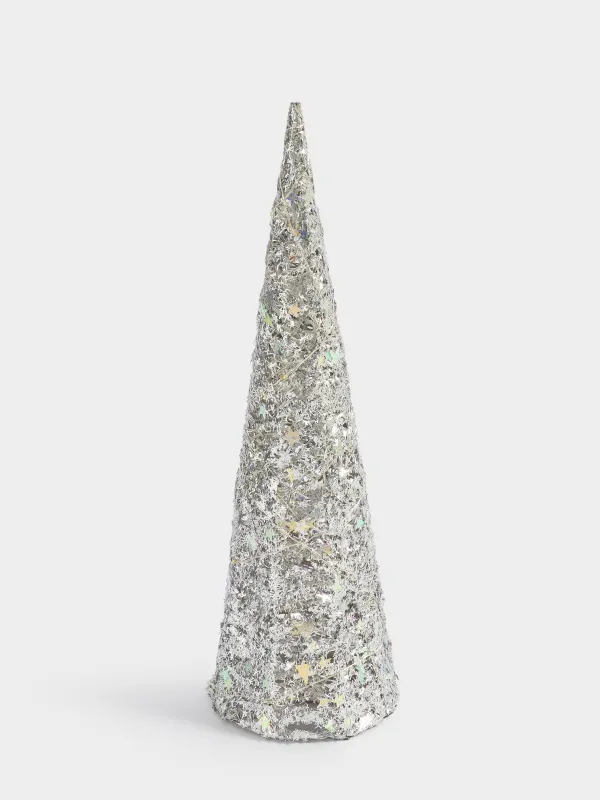 Шырша-конус, 40 см, жарықтандырылған, металл, күміс, Жұлдыздар, Frosty sparks, image-0