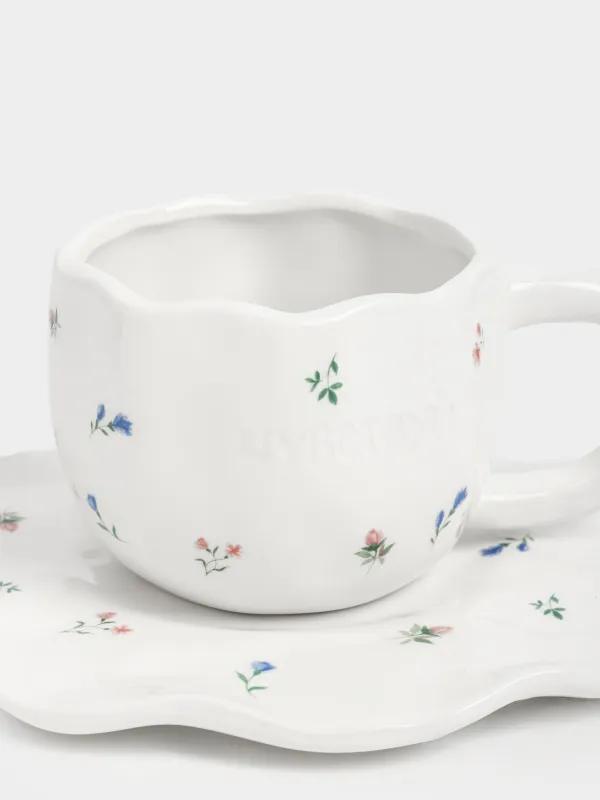 Шай жұбы, 1 адам, 2 зат, 410 мл, керамика, сүт түстес, Нәзік гүлдер, El flora, image-1