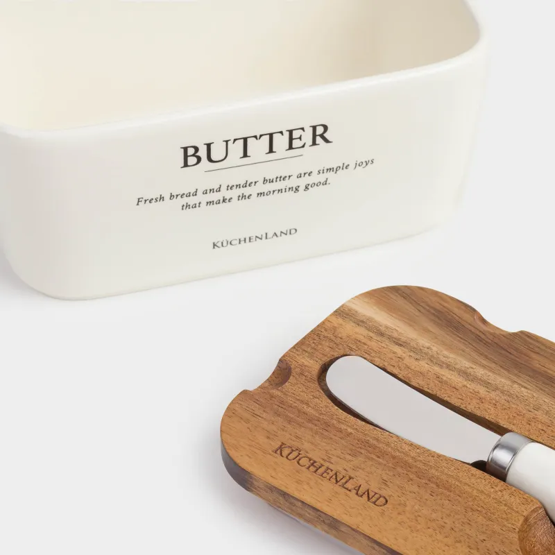 Сары май ыдысы, 16 см, пышағы бар, керамика/ағаш, тікбұрышты, сүт түстес, Course, image-6