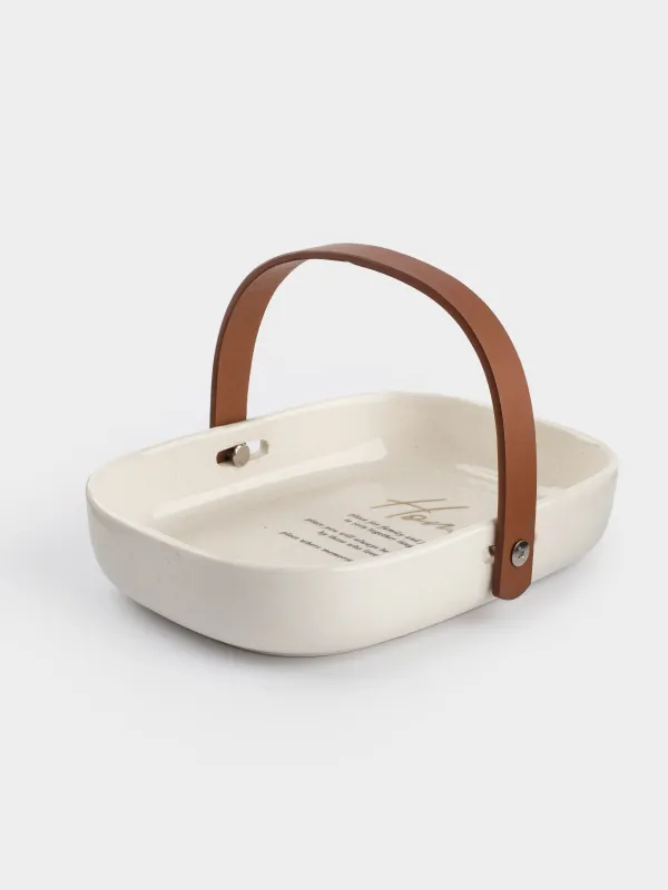 Ыдыс, 20х14 см, тұтқасы бар, керамика/полиуретан, сопақ, ақ, дақты, Speckled font, image-0