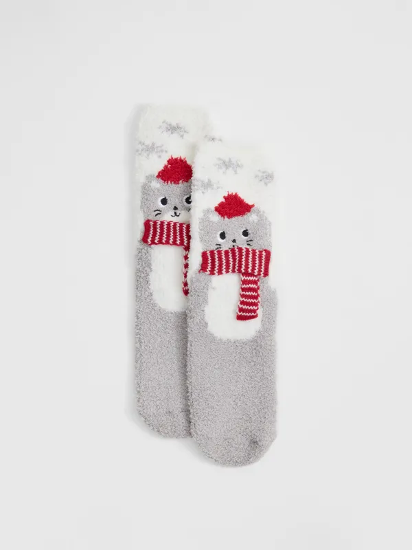 Әйелдер шұлықтары, үйге арналған, өлшемі 36-38, қорапта, полиэстер, сүтті сұр, Шарф таққан мысық, Merry, image-2