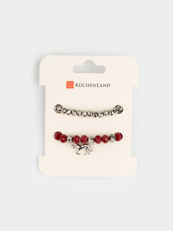 Набор браслетов, 18 см, 2 шт, стекло/металл, серебристо-красный, Лошадь, Pearl color, image-4