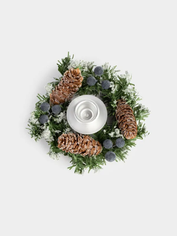 Подсвечник, 15 см, для тонкой свечи, ПВХ/металл, Синие ягоды и шишки, Snowy blue berry, image-2