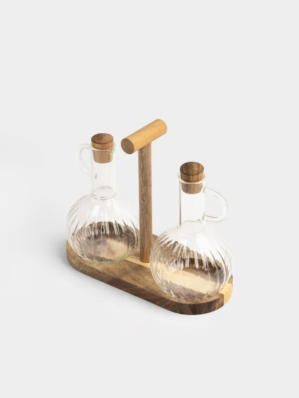 Набор для масла и уксуса, 300 мл, 2 шт, на подставке, стекло/дерево, Noble tree, image-2