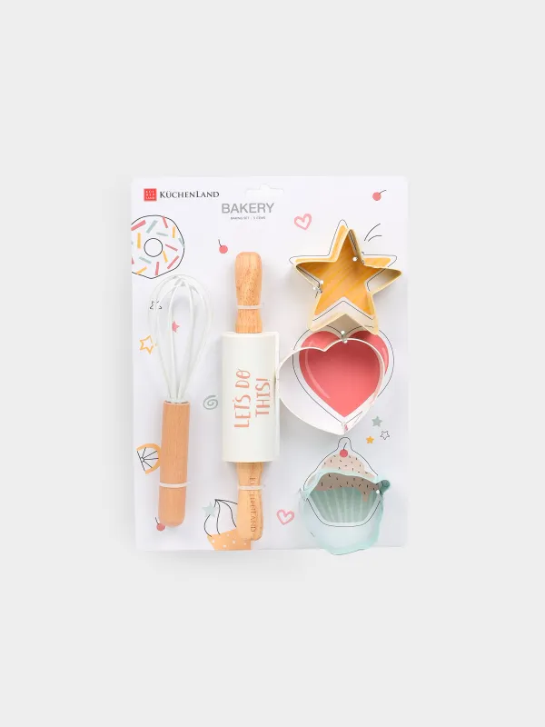 Набор для выпечки, 5 пр, скалка/венчик/формы, силикон/сталь/дерево, Фигуры, Bakery, image-4