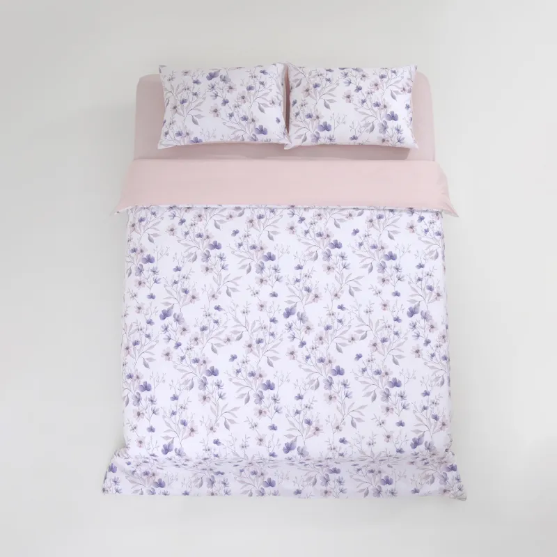 Төсек жиынтығы, еуро, сәтен 210 ТС, ақ, Күлгін гүлдер, Satin