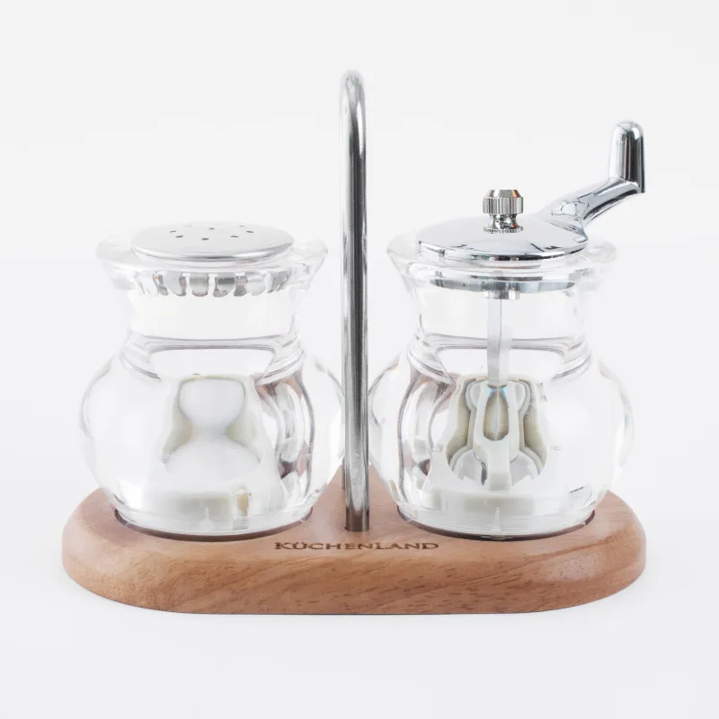 Тұз және бұрыш жинағы, 13 см, диірменмен, стендте, акрил / ағаш, Spices