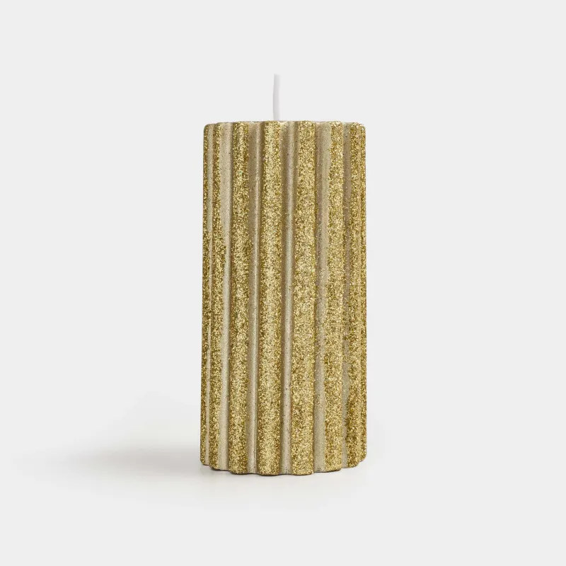 Свеча, 10 см, цилиндрическая, с блестками, золотистая, Ribbed candle, image-1