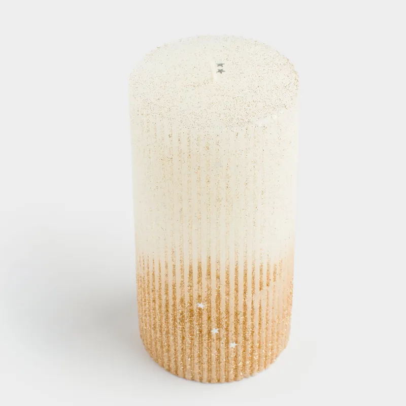 Свеча, 15 см, цилиндрическая, с блестками, молочно-золотистая, Ribbed candle, image-2