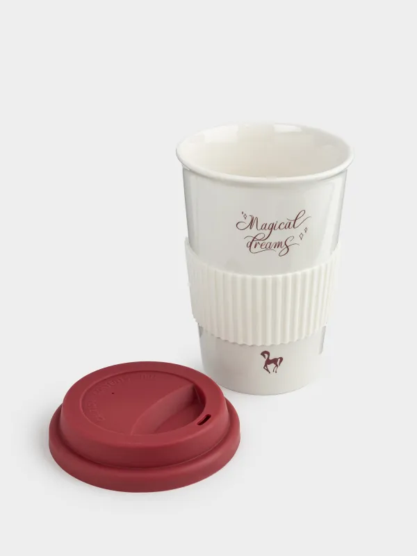 Стакан, 15 см, 430 мл, с крышкой и зарфом, фарфор N/силикон, молочно-бордовый, Magic moments, image-2