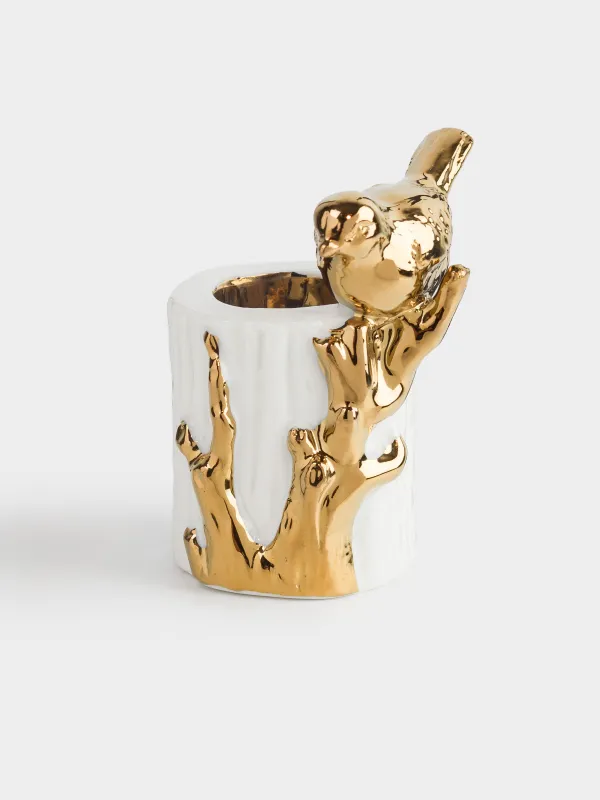 Тіс шұқығыш тұғыры, 8 см, керамика, сүт алтын түстес, Бұтақтағы құс, Paradise garden, image-0