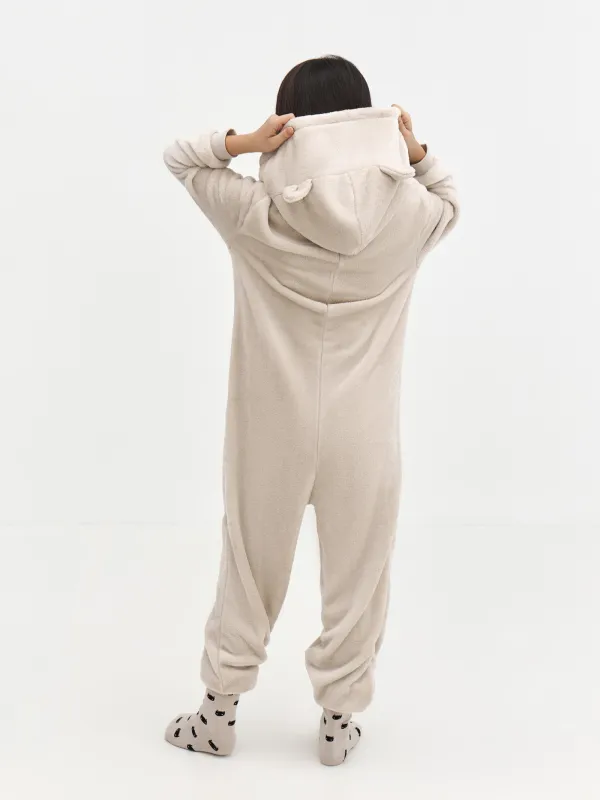 Комбинезон детский, домашний, с капюшоном, флис, бежевый, Кот, Annie, image-3