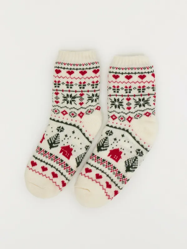 Әйелдер шұлықтары, үйге арналған, өлшемі 39-41, акрил/шерпа, сүт түстес, Қысқы өрнек, Hot winter, image-0