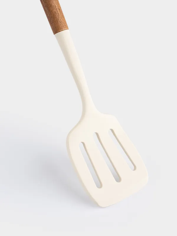 Лопатка, 33 см, с прорезями, силикон/дерево, бежевая, Lemsen, image-4