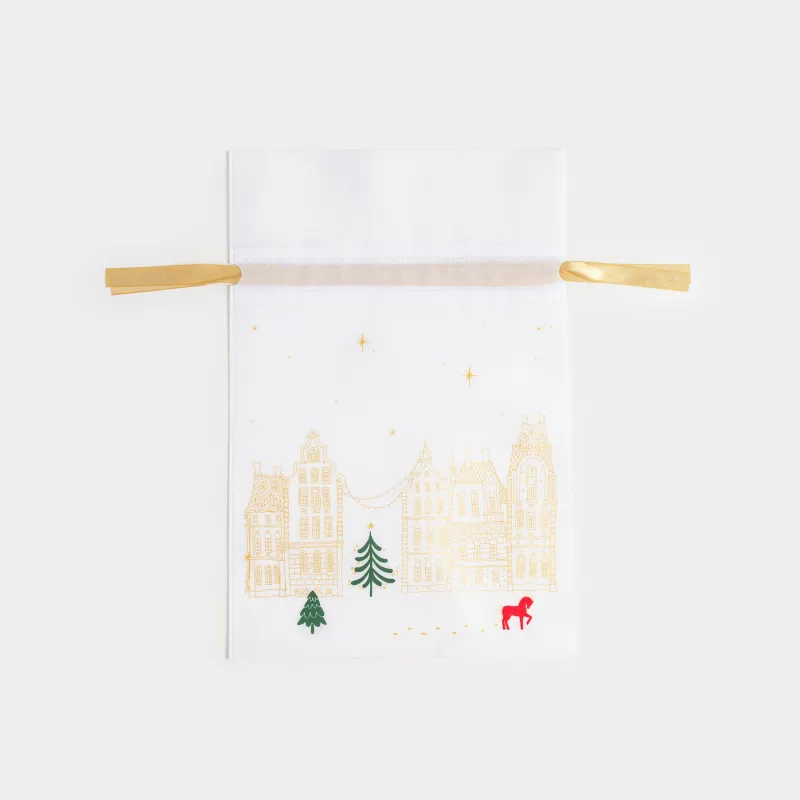 Сыйлық пакеті, 20х30 см, жіптері бар, полипропилен, ақ, Үйлер мен жылқы, Snow sparks