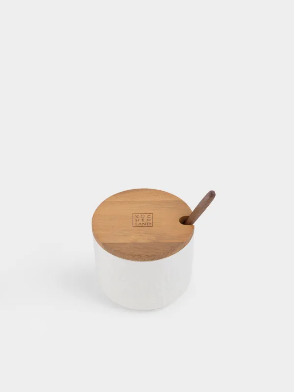 Сахарница, 10 см, 600 мл, с ложкой, керамика/дерево, молочная, Ветви, Forest ode, image-4