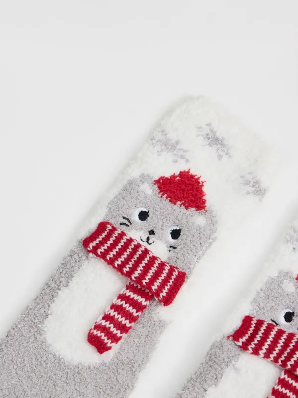 Әйелдер шұлықтары, үйге арналған, өлшемі 36-38, қорапта, полиэстер, сүтті сұр, Шарф таққан мысық, Merry, image-1