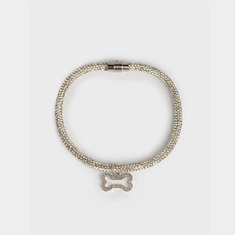 Жануарларға арналған мойынбау, 30 см, сәндік, металл/страздар, күміс, Сүйек, Crystal pet