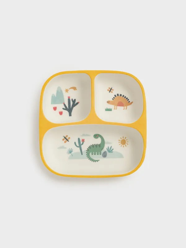 Түскі ас тәрелкесі, балаларға арналған, 18 см, 3 бөлім, бамбук, шаршы, сары, динозаврлар, Dino, image-0