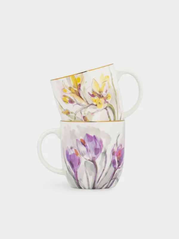 Саптыаяқ, 370 мл, 2 дана, фарфор F, ақ, алтын жиектері бар, Көктемгі гүлдер, Bloome, image-0