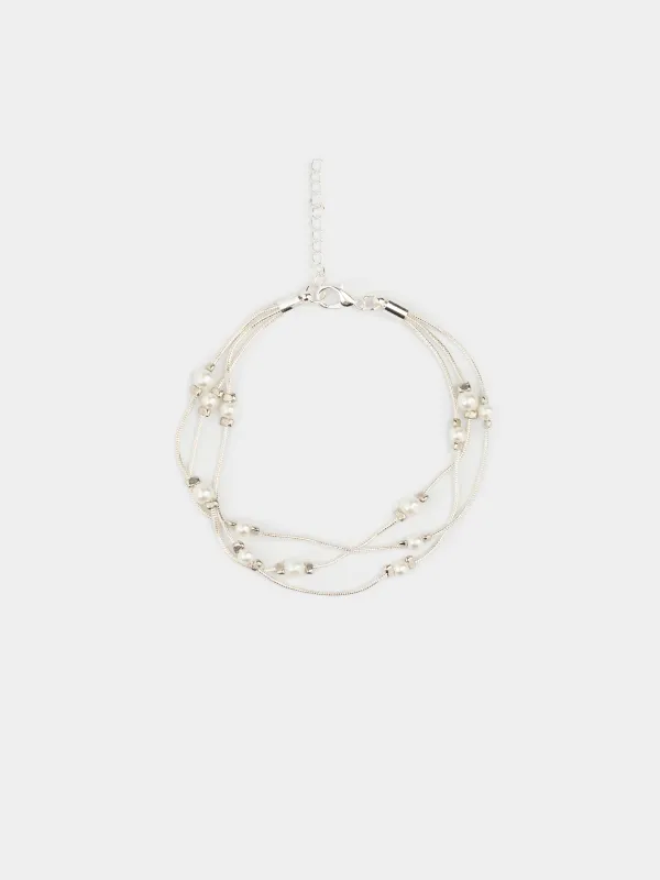 Білезік, 18 см, үштік, металл / пластик, күміс, моншақтар, Pearl, image-0