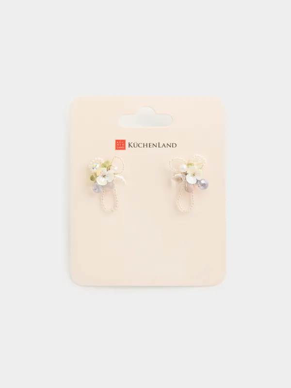 Серьги-пусеты, 3 см, 2 шт, стекло/пластик, молочные, Цветок, Pearl color, image-3