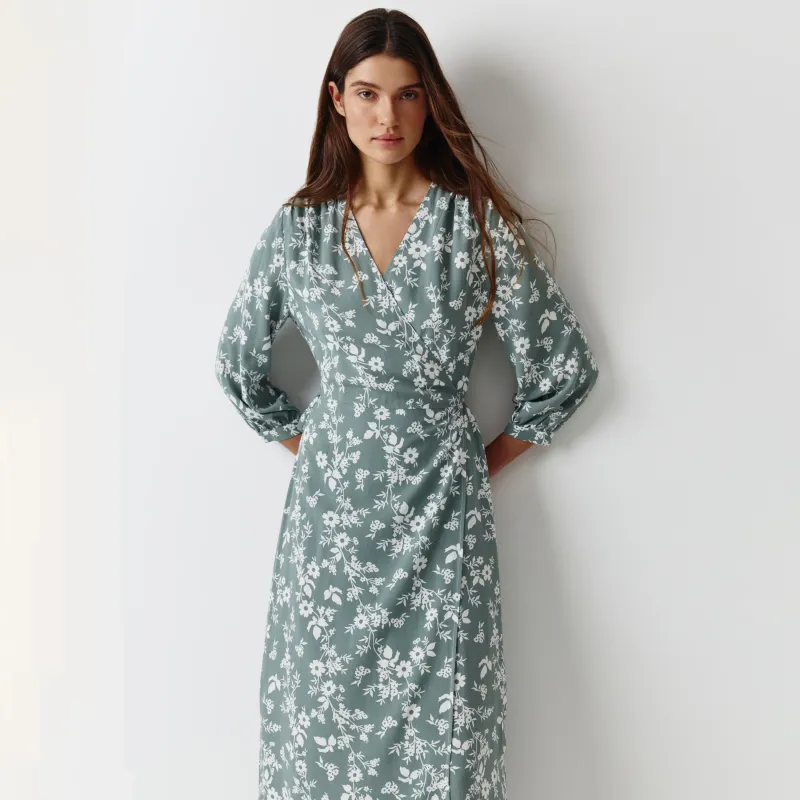 Әйелдер көйлегі, макси, өлшемі L, ұзын жеңді, вискоза, жасыл, Гүлдер, Marcia