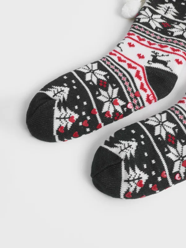 Әйелдер шұлықтары, үйге арналған, өлшемі 36-38, помпондары бар, акрил/шерпа, ақ және қызыл, Қысқы өрнек, Hot winter, image-3