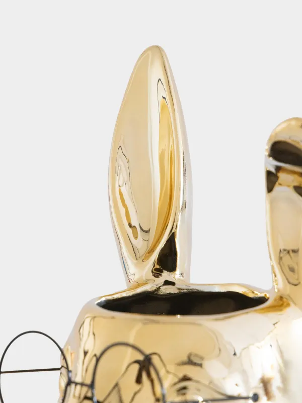 Гүл вазасы, 30 см, сәндік, фарфор P/металл, алтын түстес, Көзілдірік киген қоян, Rabbit gold, image-3